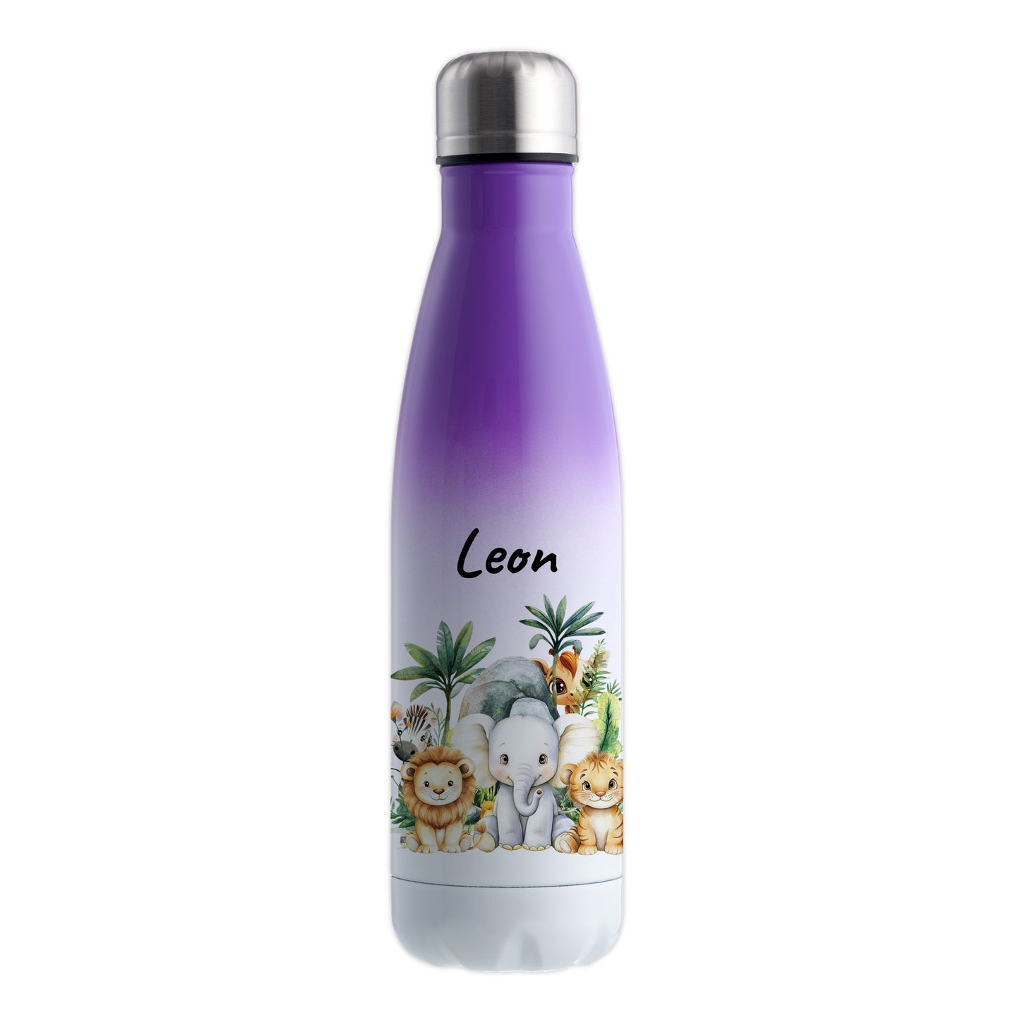 Trinkflasche mit Farbverlauf in Weiß/Violett 500ml aus Edelstahl bedruckt mit Dschungel Tieren"Dschungel Tiere" personalisierbar für Kinder mit Wunschname