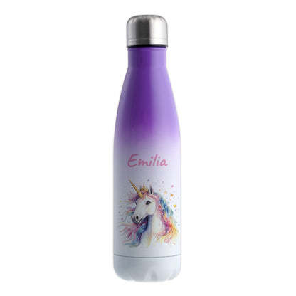 Thermoflasche 500ml in Weiß/Violett bedruckt mit tollen Motiven für Kinder "Einhorn" personalisierbar mit Wunschname