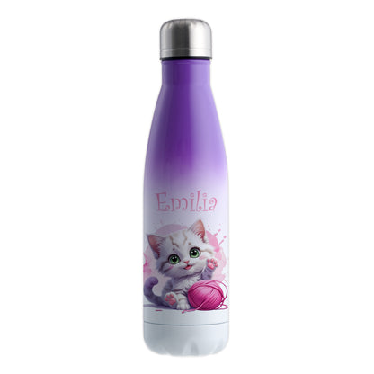Trinkflasche in Weiß/Violett 500ml aus Edelstahl bedruckt mit niedlichen Tieren "Katze" personalisierbar für Kinder mit Wunschname