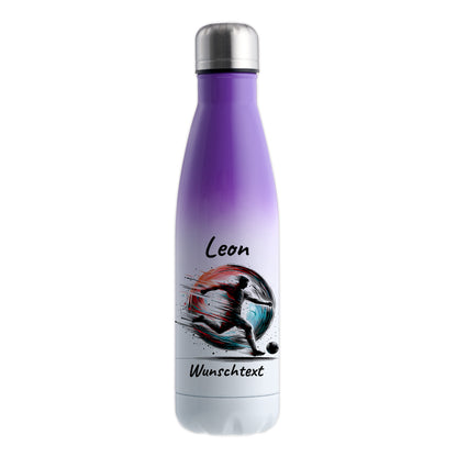 Thermoflasche 500ml in Weiß/Violett aus Edelstahl bedruckt "Fußball" Motiv3 personalisierbar mit Wunschname & Text