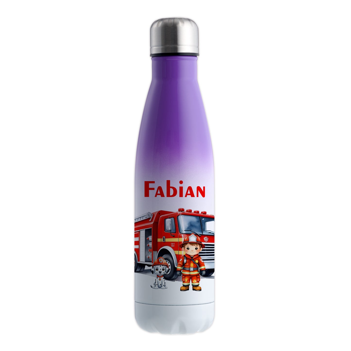 Thermoflasche 500ml in Weiß/Violett bedruckt mit tollen Motiven für Kinder "Feuerwehr" personalisierbar mit Wunschname