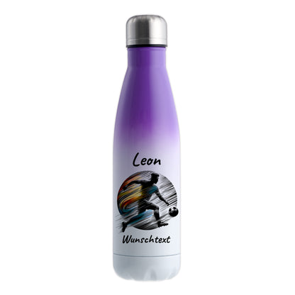 Thermoflasche 500ml in Weiß/Violett aus Edelstahl bedruckt "Fußball" Motiv2 personalisierbar mit Wunschname & Text
