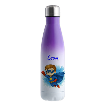 Thermoflasche 500ml in Weiß/Violett bedruckt mit tollen Motiven für Kinder "Superheld" personalisierbar mit Wunschname