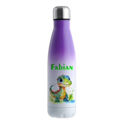 Thermoflasche 500ml in Weiß/Violett bedruckt mit tollen Motiven für Kinder "Dino Kinder" personalisierbar mit Wunschname