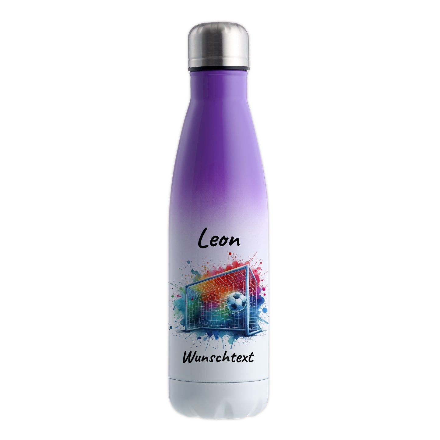 Thermoflasche 500ml in Weiß/Violett aus Edelstahl bedruckt "Fußball" Motiv5 personalisierbar mit Wunschname & Text