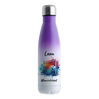 Thermoflasche 500ml in Weiß/Violett aus Edelstahl bedruckt "Fußball" Motiv5 personalisierbar mit Wunschname & Text