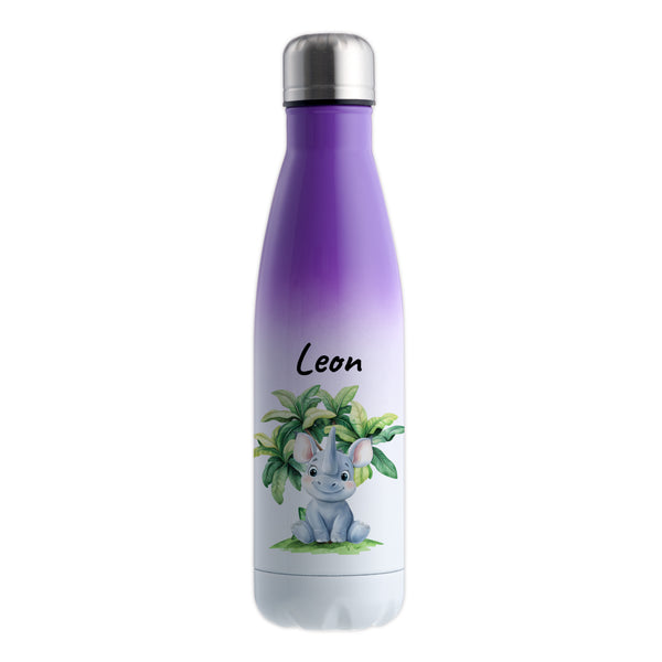 Trinkflasche mit Farbverlauf in Weiß/Violett 500ml aus Edelstahl bedruckt mit Dschungel Tieren "Nashorn" personalisierbar für Kinder mit Wunschname