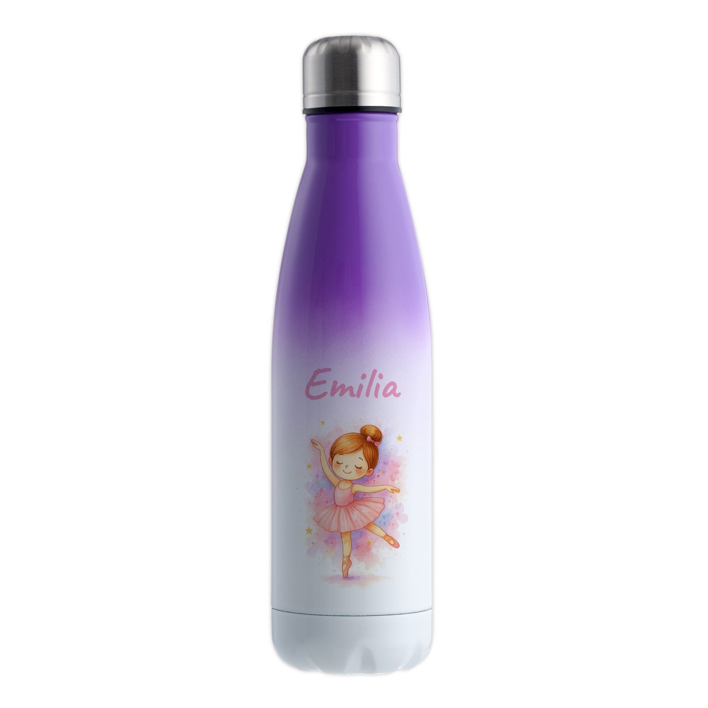 Thermoflasche 500ml in Weiß/Violett bedruckt mit tollen Motiven für Kinder "Ballerina" personalisierbar mit Wunschname