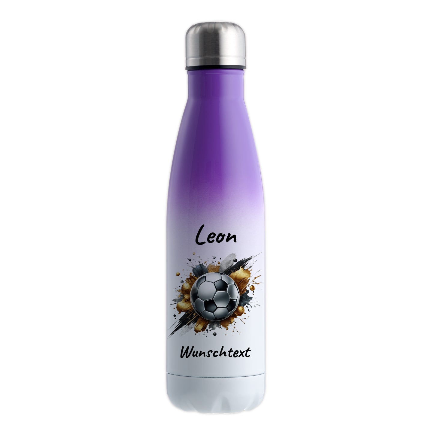Thermoflasche 500ml in Weiß/Violett aus Edelstahl bedruckt "Fußball" Motiv13 personalisierbar mit Wunschname & Text