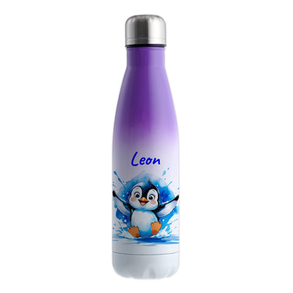 Trinkflasche in Weiß/Violett 500ml aus Edelstahl bedruckt mit niedlichen Tieren "Pinguin" personalisierbar für Kinder mit Wunschname