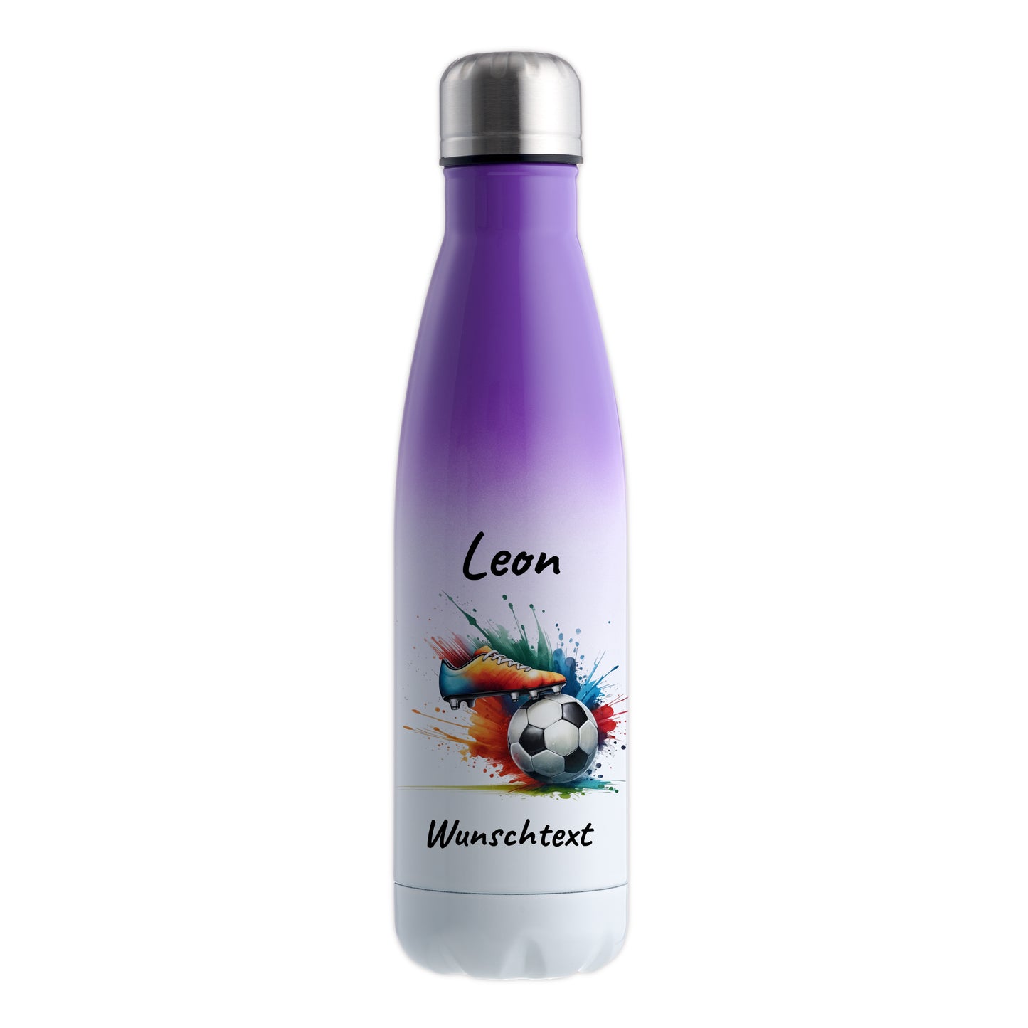 Thermoflasche 500ml in Weiß/Violett aus Edelstahl bedruckt "Fußball" Motiv6 personalisierbar mit Wunschname & Text