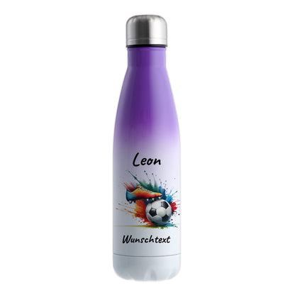 Thermoflasche 500ml in Weiß/Violett aus Edelstahl bedruckt "Fußball" Motiv6 personalisierbar mit Wunschname & Text