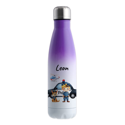 Thermoflasche 500ml in Weiß/Violett bedruckt mit tollen Motiven für Kinder "Polizei" personalisierbar mit Wunschname