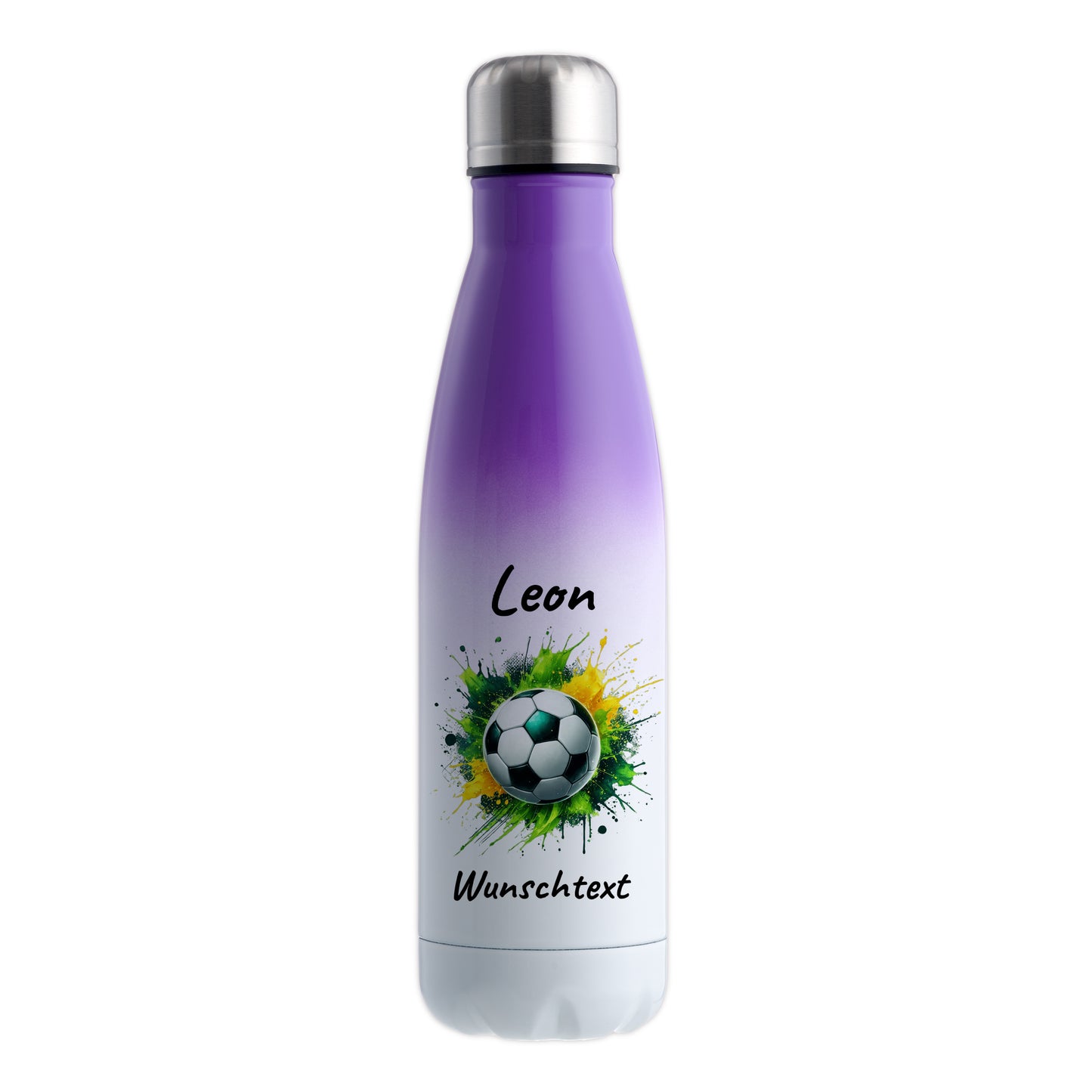 Thermoflasche 500ml in Weiß/Violett aus Edelstahl bedruckt "Fußball" Motiv11 personalisierbar mit Wunschname & Text