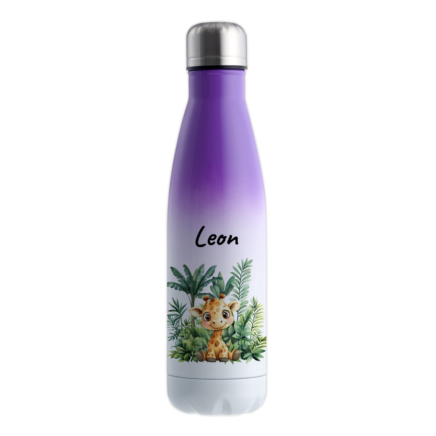Trinkflasche mit Farbverlauf in Weiß/Violett 500ml aus Edelstahl bedruckt mit Dschungel Tieren"Giraffe" personalisierbar für Kinder mit Wunschname