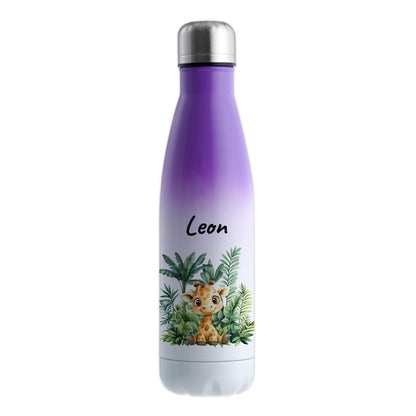 Trinkflasche mit Farbverlauf in Weiß/Violett 500ml aus Edelstahl bedruckt mit Dschungel Tieren"Giraffe" personalisierbar für Kinder mit Wunschname