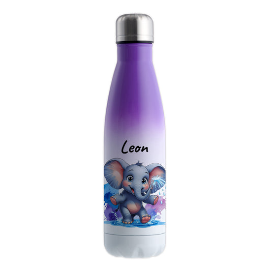 Trinkflasche in Weiß/Violett 500ml aus Edelstahl bedruckt mit niedlichen Tieren "Elefant" personalisierbar für Kinder mit Wunschname