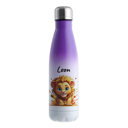 Trinkflasche in Weiß/Violett 500ml aus Edelstahl bedruckt mit niedlichen Tieren "Löwe" personalisierbar für Kinder mit Wunschname