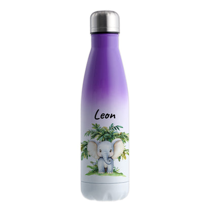 Trinkflasche mit Farbverlauf in Weiß/Violett 500ml aus Edelstahl bedruckt mit Dschungel Tieren"Elefant" personalisierbar für Kinder mit Wunschname