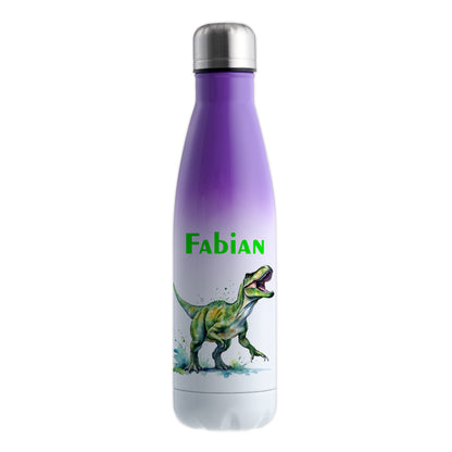 Thermoflasche 500ml in Weiß/Violett bedruckt mit tollen Motiven für Kinder "Dino T-Rex" personalisierbar mit Wunschname