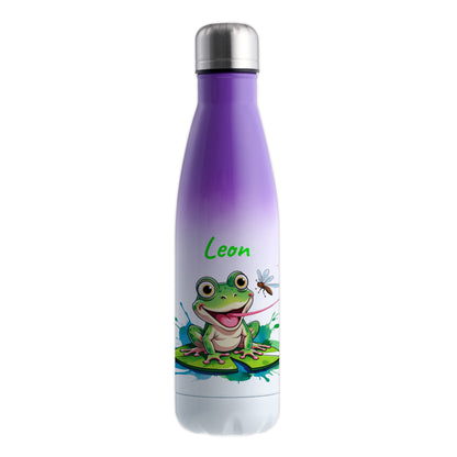 Trinkflasche in Weiß/Violett 500ml aus Edelstahl bedruckt mit niedlichen Tieren "Frosch" personalisierbar für Kinder mit Wunschname
