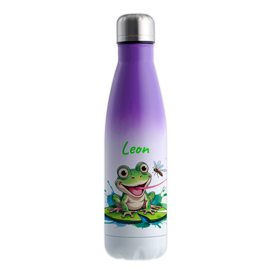 Trinkflasche in Weiß/Violett 500ml aus Edelstahl bedruckt mit niedlichen Tieren "Frosch" personalisierbar für Kinder mit Wunschname