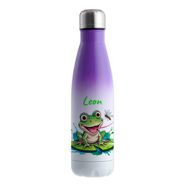 Trinkflasche in Weiß/Violett 500ml aus Edelstahl bedruckt mit niedlichen Tieren "Frosch" personalisierbar für Kinder mit Wunschname