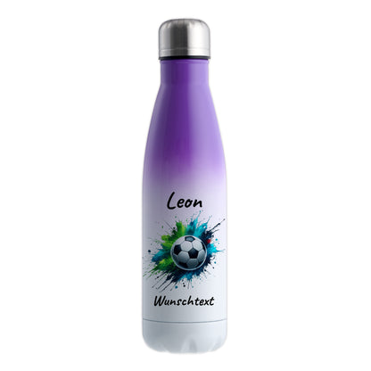 Thermoflasche 500ml in Weiß/Violett aus Edelstahl bedruckt "Fußball" Motiv8 personalisierbar mit Wunschname & Text