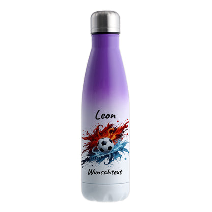 Thermoflasche 500ml in Weiß/Violett aus Edelstahl bedruckt "Fußball" Motiv12 personalisierbar mit Wunschname & Text