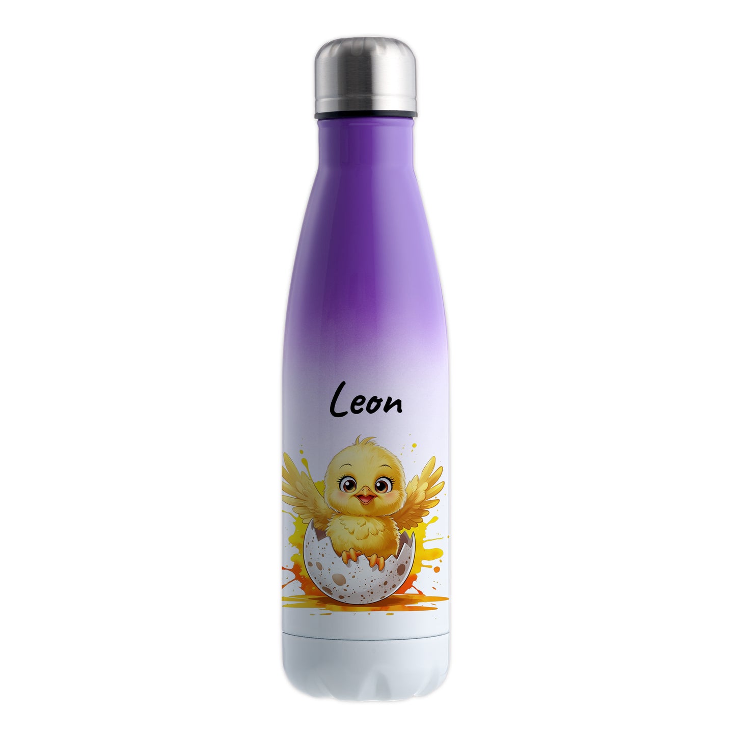 Trinkflasche in Weiß/Violett 500ml aus Edelstahl bedruckt mit niedlichen Tieren "Küken" personalisierbar für Kinder mit Wunschname