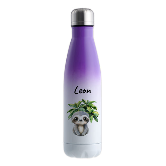 Trinkflasche mit Farbverlauf in Weiß/Violett 500ml aus Edelstahl bedruckt mit Dschungel Tieren"Faultier" personalisierbar für Kinder mit Wunschname