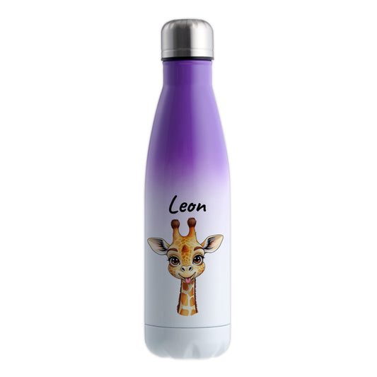 Trinkflasche in Weiß/Violett 500ml aus Edelstahl bedruckt mit niedlichen Tieren "Giraffe" personalisierbar für Kinder mit Wunschname