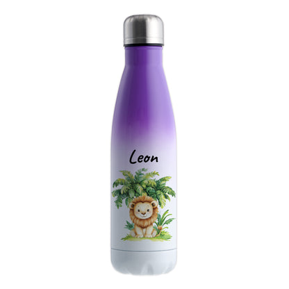 Trinkflasche mit Farbverlauf in Weiß/Violett 500ml aus Edelstahl bedruckt mit Dschungel Tieren"Löwe" personalisierbar für Kinder mit Wunschname