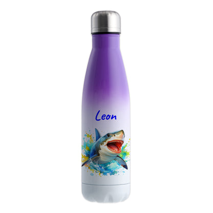 Thermoflasche 500ml in Weiß/Violett bedruckt mit tollen Motiven für Kinder "Hai" personalisierbar mit Wunschname