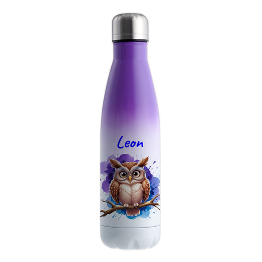Trinkflasche in Weiß/Violett 500ml aus Edelstahl bedruckt mit niedlichen Tieren "Eule" personalisierbar für Kinder mit Wunschname