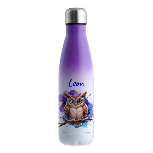 Trinkflasche in Weiß/Violett 500ml aus Edelstahl bedruckt mit niedlichen Tieren "Eule" personalisierbar für Kinder mit Wunschname