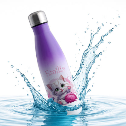 Trinkflasche in Weiß/Violett 500ml aus Edelstahl bedruckt mit niedlichen Tieren "Katze" personalisierbar für Kinder mit Wunschname