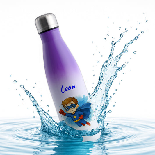Thermoflasche 500ml in Weiß/Violett bedruckt mit tollen Motiven für Kinder "Superheld" personalisierbar mit Wunschname