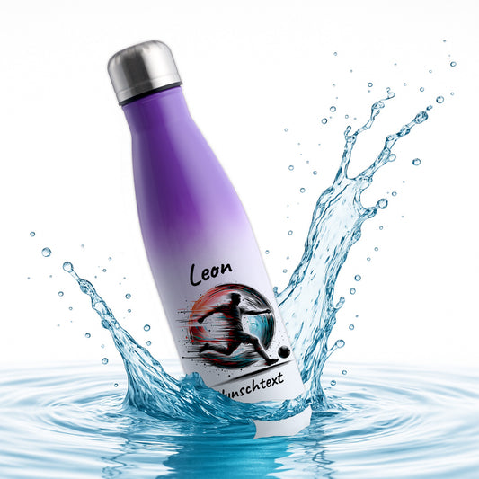 Thermoflasche 500ml in Weiß/Violett aus Edelstahl bedruckt "Fußball" Motiv3 personalisierbar mit Wunschname & Text