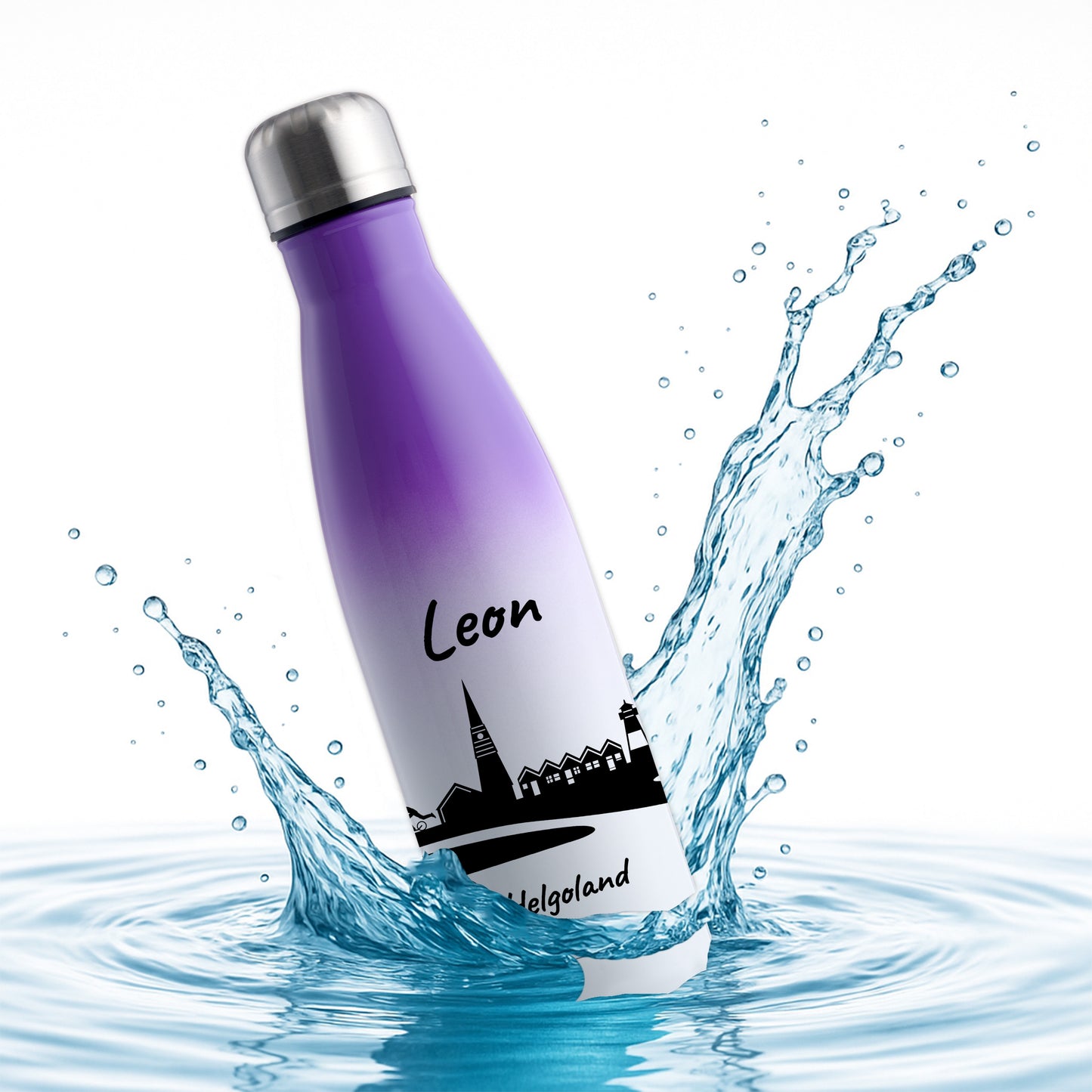 Trinkflasche in Weiß/Violett 500ml aus Edelstahl bedruckt mit der Skyline von Helgoland personalisierbar mit Wunschname