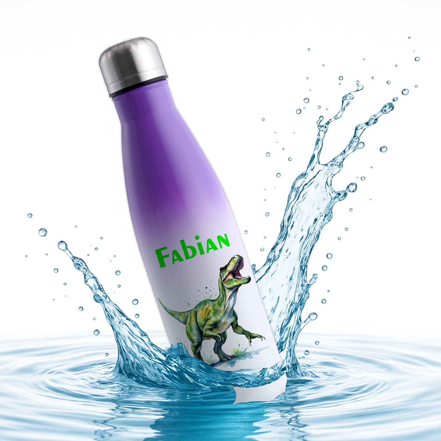 Thermoflasche 500ml in Weiß/Violett bedruckt mit tollen Motiven für Kinder "Dino T-Rex" personalisierbar mit Wunschname