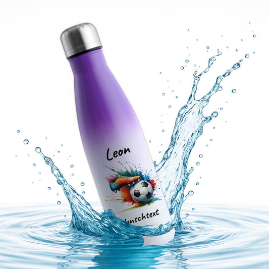 Thermoflasche 500ml in Weiß/Violett aus Edelstahl bedruckt "Fußball" Motiv6 personalisierbar mit Wunschname & Text