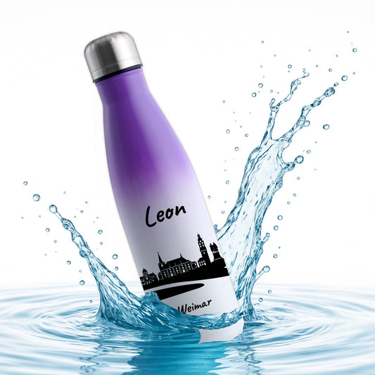 Trinkflasche in Weiß/Violett 500ml aus Edelstahl bedruckt mit der Skyline von Weimar personalisierbar mit Wunschname