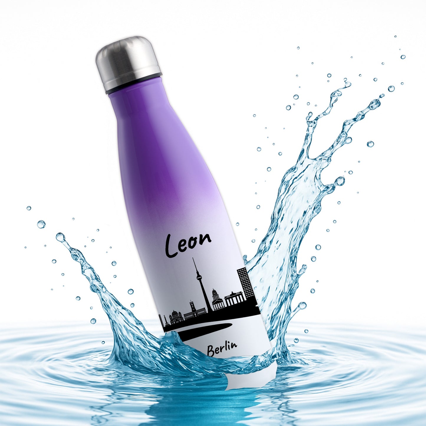 Trinkflasche in Weiß/Violett 500ml aus Edelstahl bedruckt mit der Skyline von Berlin personalisierbar mit Wunschname