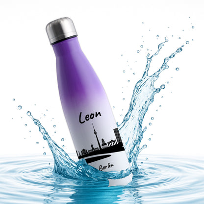 Trinkflasche in Weiß/Violett 500ml aus Edelstahl bedruckt mit der Skyline von Berlin personalisierbar mit Wunschname