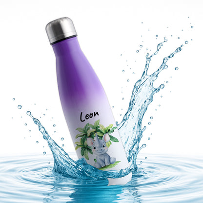 Trinkflasche mit Farbverlauf in Weiß/Violett 500ml aus Edelstahl bedruckt mit Dschungel Tieren"Nashorn" personalisierbar für Kinder mit Wunschname