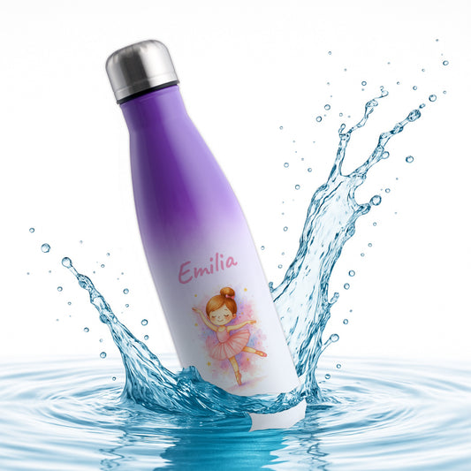 Thermoflasche 500ml in Weiß/Violett bedruckt mit tollen Motiven für Kinder "Ballerina" personalisierbar mit Wunschname