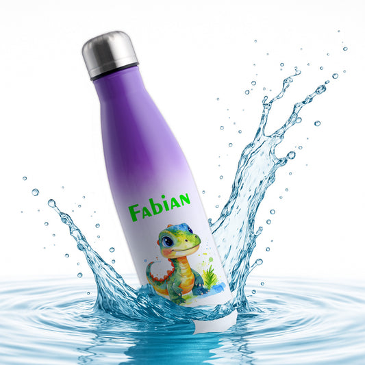Thermoflasche 500ml in Weiß/Violett bedruckt mit tollen Motiven für Kinder "Dino Kinder" personalisierbar mit Wunschname