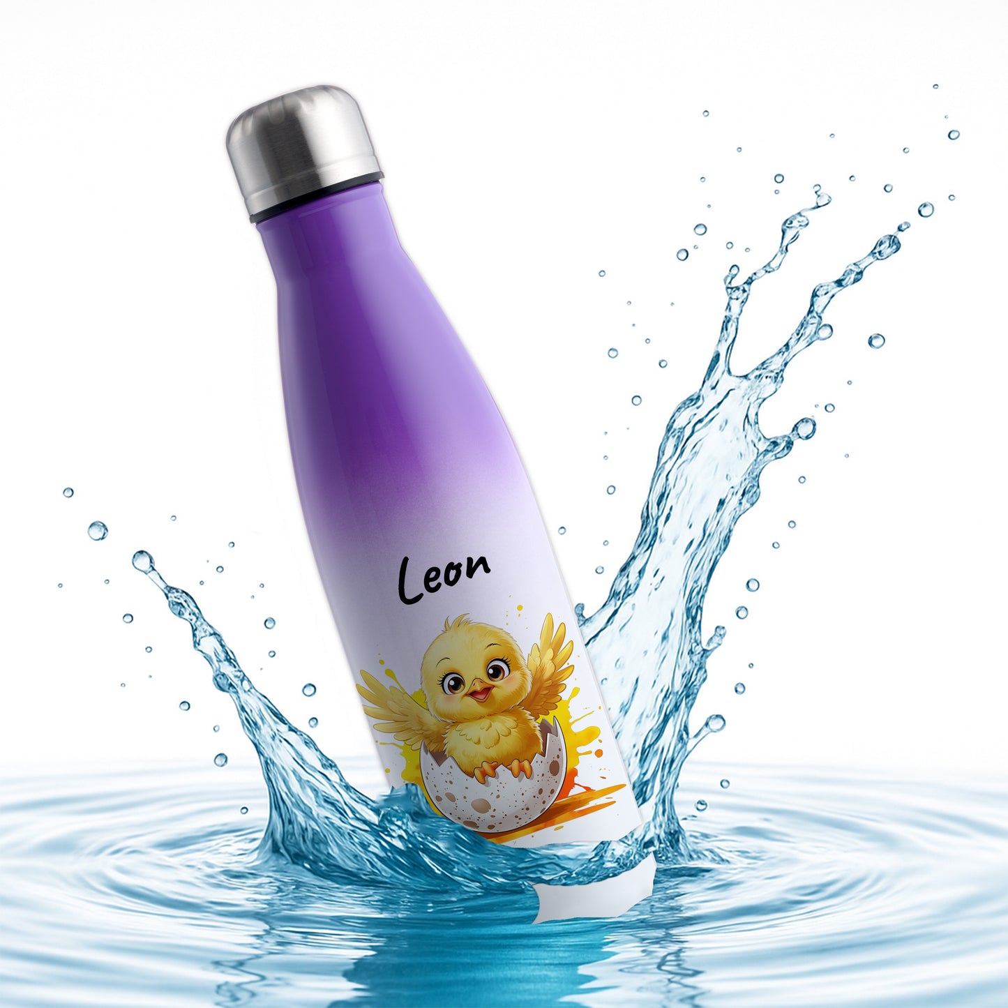 Trinkflasche in Weiß/Violett 500ml aus Edelstahl bedruckt mit niedlichen Tieren "Küken" personalisierbar für Kinder mit Wunschname