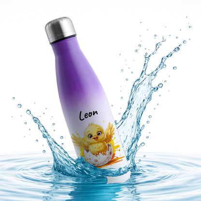 Trinkflasche in Weiß/Violett 500ml aus Edelstahl bedruckt mit niedlichen Tieren "Küken" personalisierbar für Kinder mit Wunschname